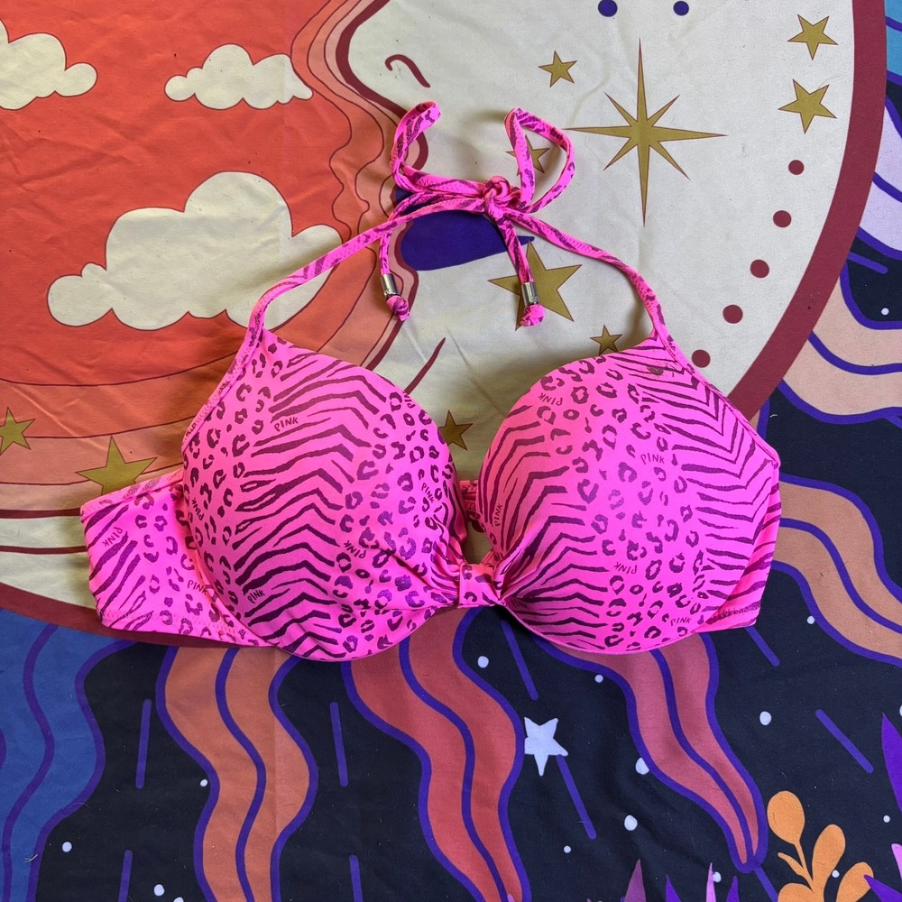 Victorias Secret PINK Bikini Top Y2K Neon Pink Purple Animal Print Push Up Large
